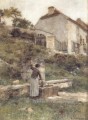 Une femme déposant son seau à un puits scènes rurales paysan Léon Augustin Lhermitte
